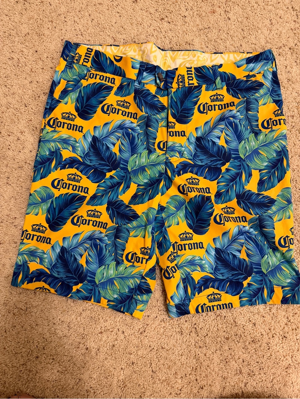 Loudmouth Corona Logo Tropical Shorts 36 waist, 11” inseam